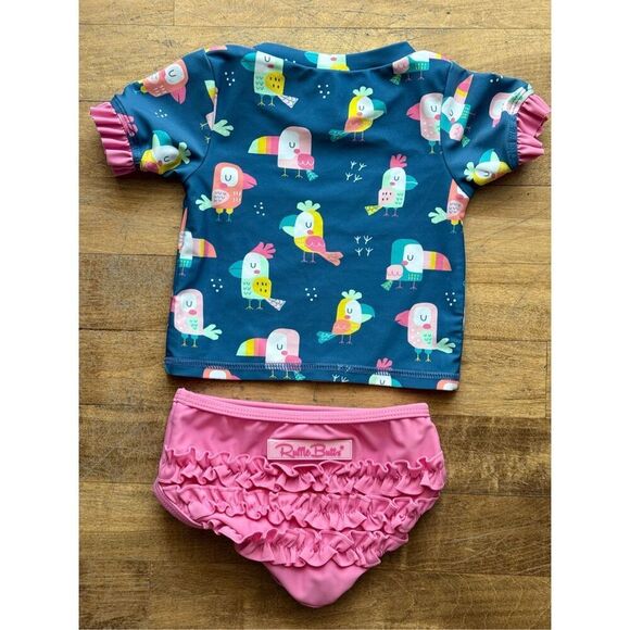 NWOT Ruffle Butts "You're The Tweetest" Mid-Sleeve Two Piece Swimsuit Baby Girl - Picture 9 of 10